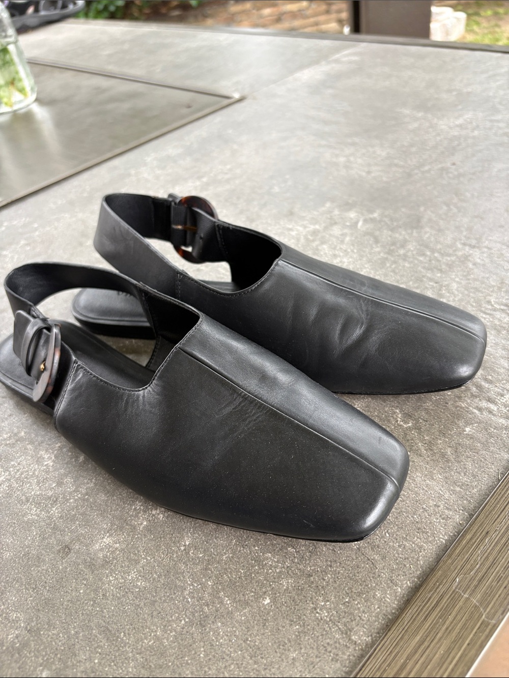Vince Black Leather Square-Toe Slingback Flats with Tortoiseshell Buckle
